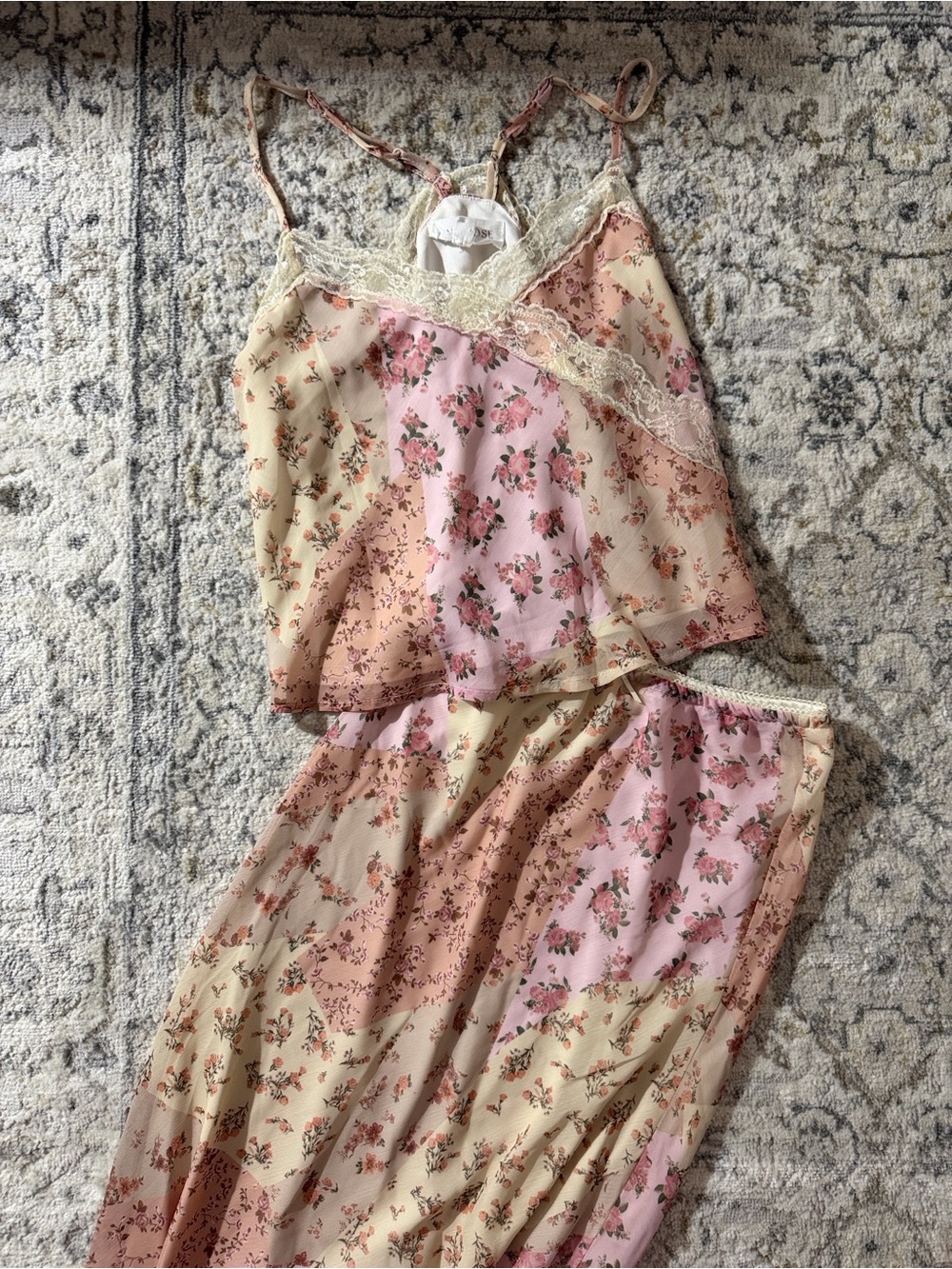 Pink Rose Floral Lace-Trim Two-Piece Set in Pink & Cream